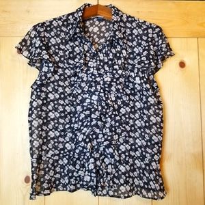 Chaps Floral Sheer Cap Sleeve Collared Front Ruffle Button Down Blouse Top